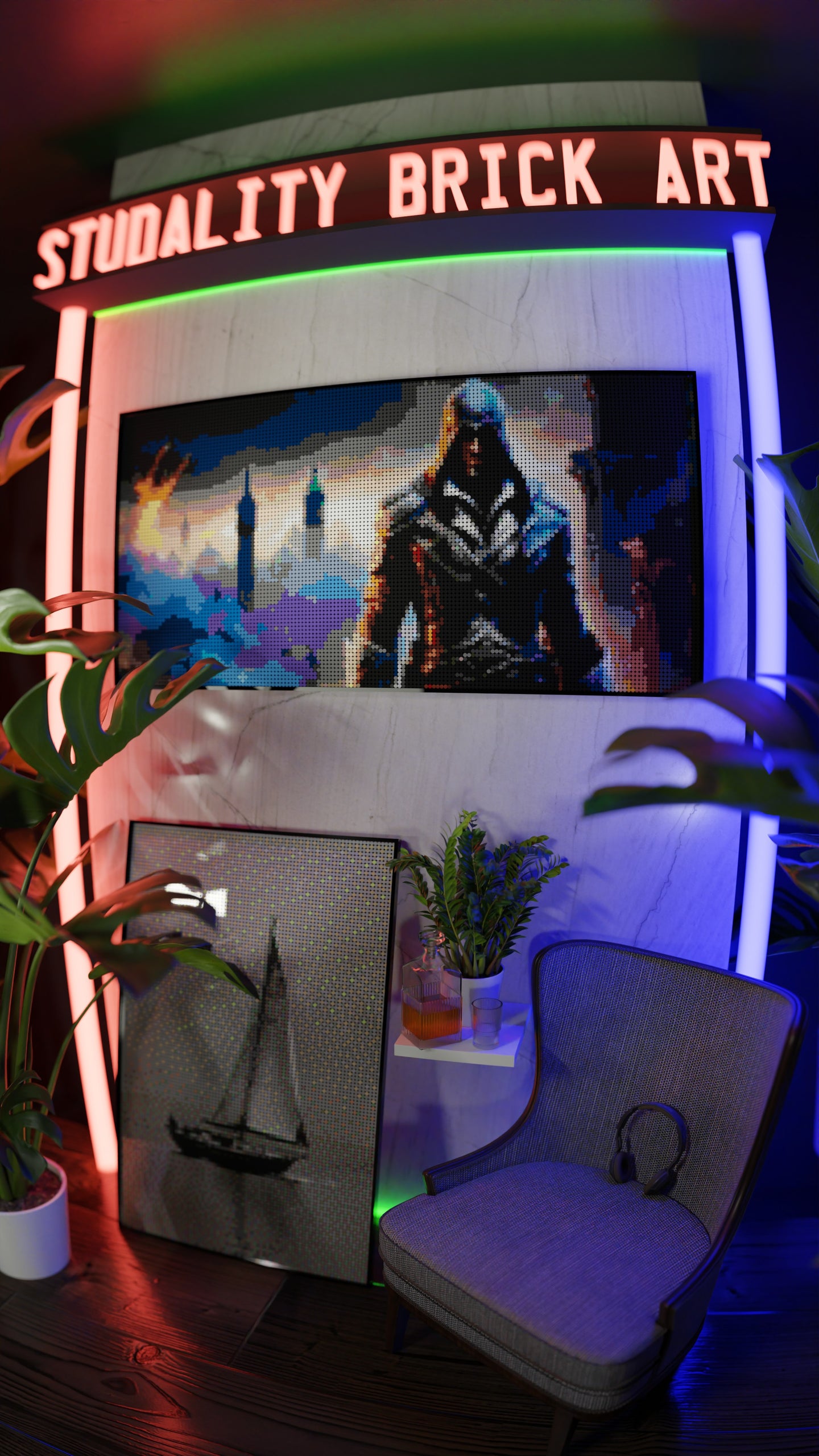 Assassins Creed LEGO® Style mosaic wall art made from colorful plastic bricks